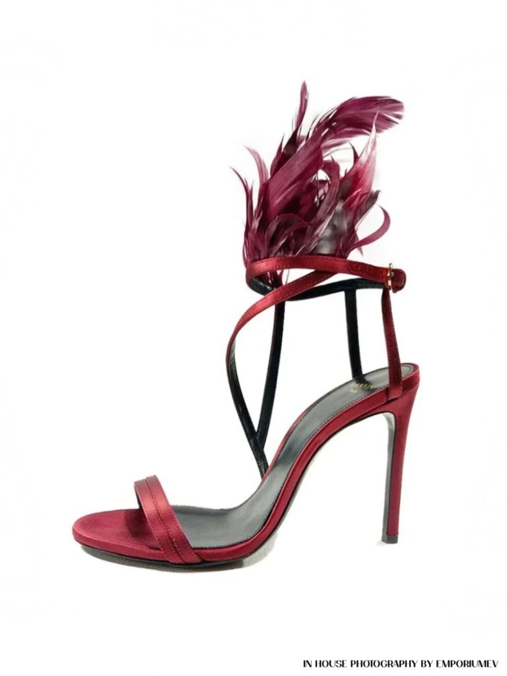 Lanvin Satin Feathers Sandals Heels Strappy Crimson Red Ankle Strap EU 37